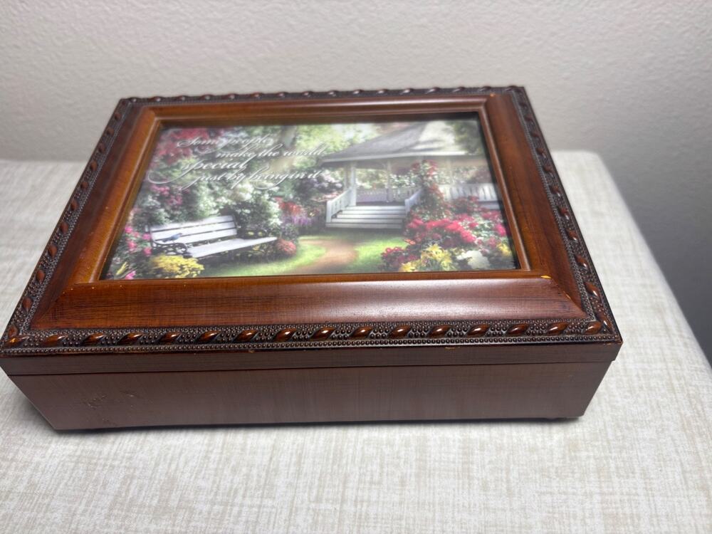 Wood Sankyo Jewelry Memory Music Box What A‎ Wonderul World Pic Frame